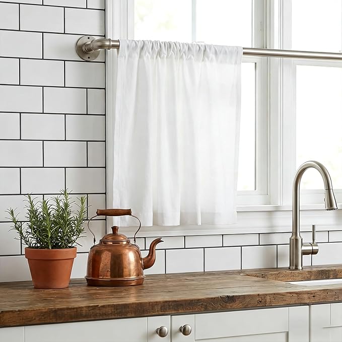 Satin Nickel Industrial Curtain Rod for Windows 18 to 144 Inches,1 Inch Adjustable Drapery Pole,Heavy Duty Outdoor/Indoor Modern Curtain Rods,Easy Installation(Satin Nickel 18"-144")