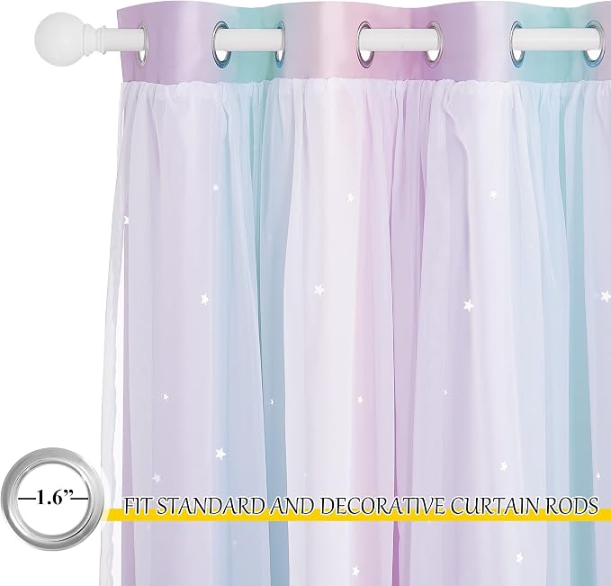 NICETOWN Curtains for Girls Bedroom Double Layer Blackout Curtains Grommet Star Cutout Ombre Window Drapes with Sheer for Living Room 2 Panels in 34 x 84 inch Length, Purple & Blue & Pink