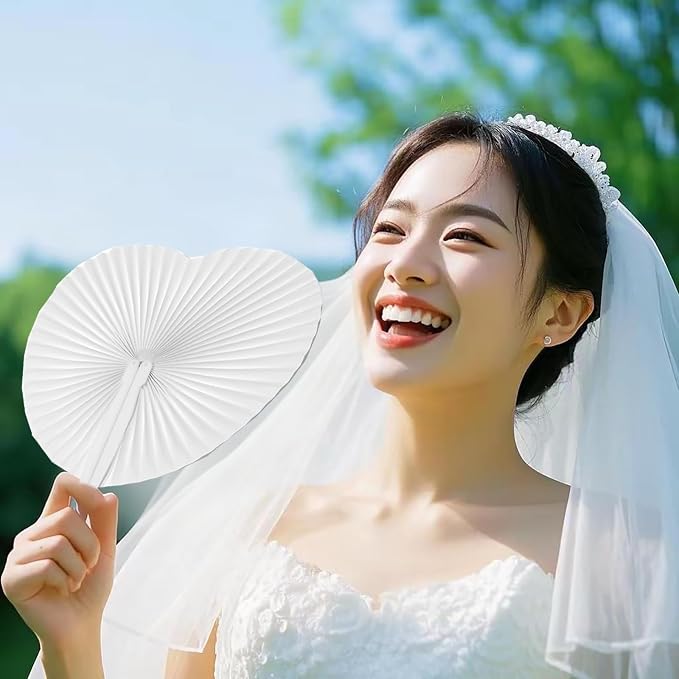 60 Pcs White Heart Paper Fans | Foldable Handheld Fans for Women,Folding Hand Fans for Wedding,Bridal Guest,Church,Party Favors,Dancing,Birthday,DIY