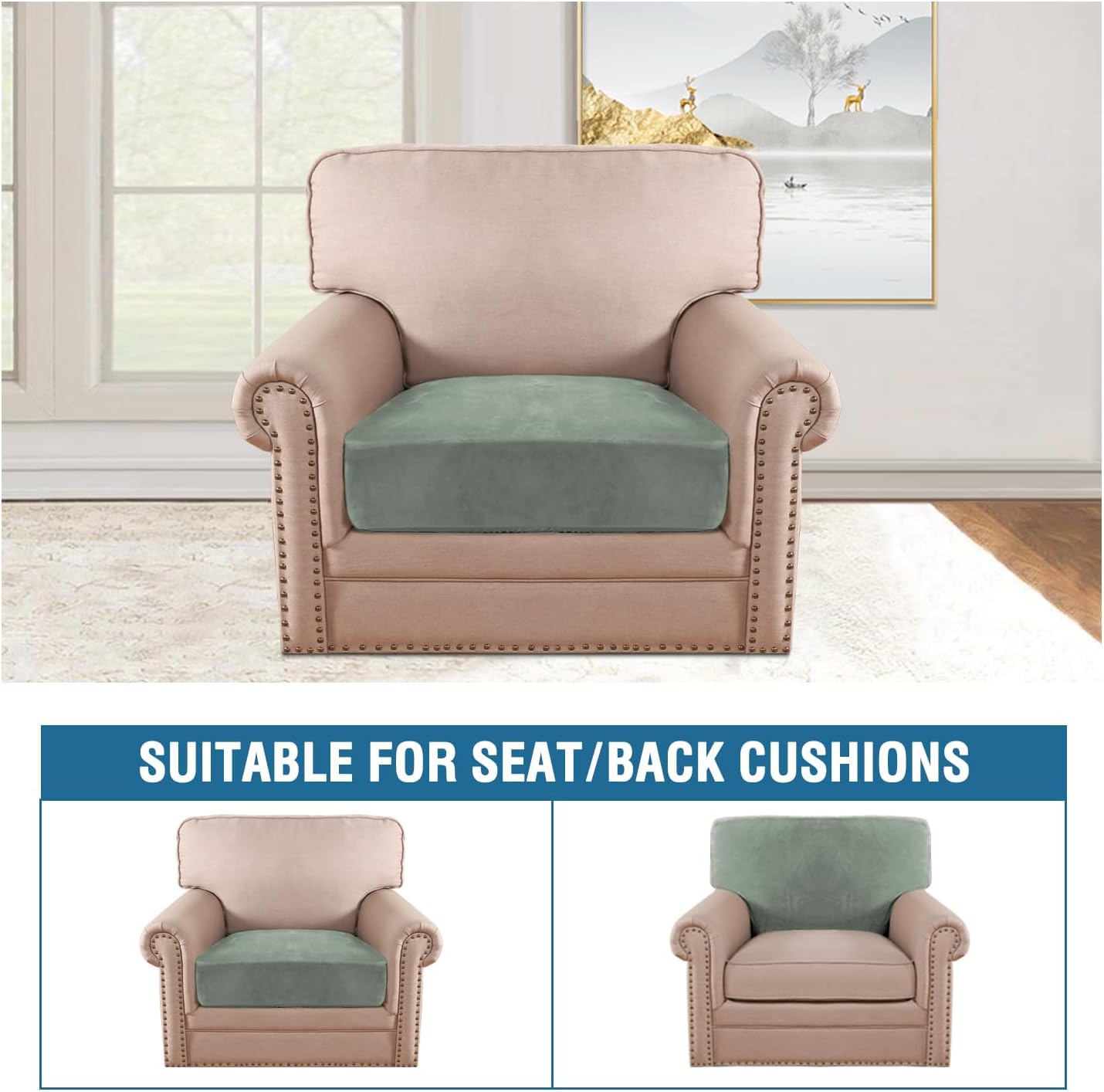 H.VERSAILTEX Velvet Stretch Couch Cushion Cover Plush Cushion Slipcover for Chair Cushion Furniture Protector Seat Cushion Sofa Cover (1 Piece Armchair Cushion Covers, Sea Grass)