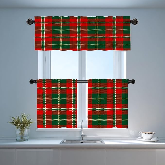 Shrahala Red Green Checkered Blackout Short Curtains for Windows, Red Green Black Yellow Check Plaid Kitchen Valance Thermal Insulated Rod Pocket Window Treatment for Bathroom 2 Pack 52 X 18 in