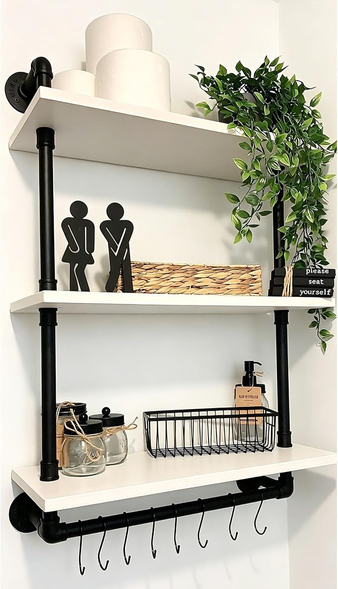 ROGMARS Industrial Pipe Shelving Bathroom Shelves with Towel Bar | Retro White Rustic Farmhouse Industrial Wall shelf Bathroom Shelves Over toilet for Storage 3 Tier 24 inch