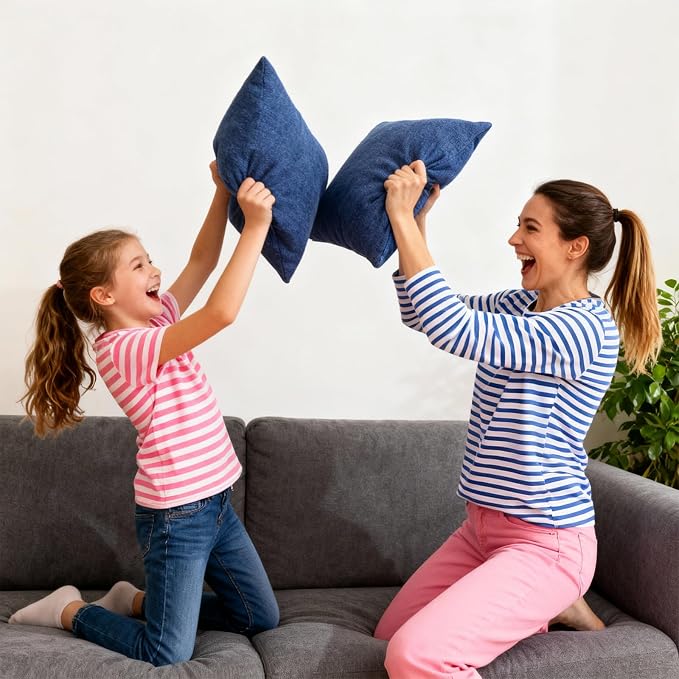 Throw Pillows with Inserts Included, 18x18 Couch Pillows,Throw Pillows for Couch,Cotton-Linen Blend, Blue,2 Pack.