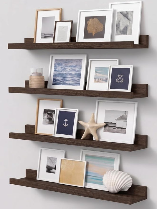Forbena 24 Inch Floating Picture Ledge Shelf Set of 4, Wooden Picture Shelf for Wall with Ledge for Living Room Bedroom, Dark Wood Wall Shelves with Lip Edge for Photo Frames Display (Rustic Brown