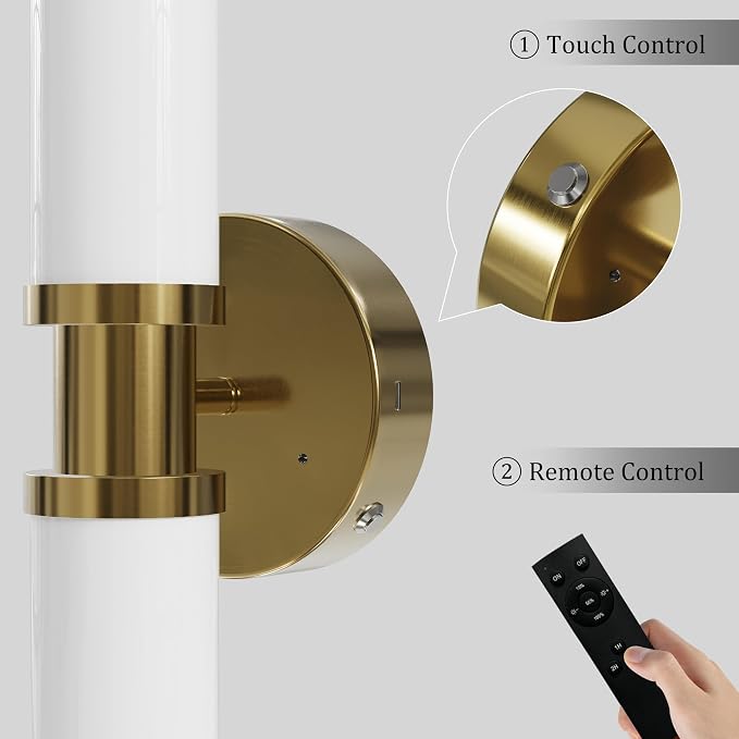 Rayogale Gold Wireless Battery Operated Wall Sconces with Remote Control | White Glass Rechargeable Wall Lights Set of 2 with Timer Function Dimmable for Living Room Bedroom Emergency 3000K, 20.5 Inch