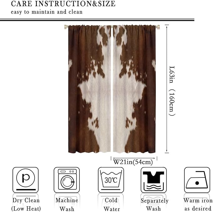 Cow Print Blackout Curtain, Animal Fur Brown Cowhide Western Farm Style Window Treatments Rod Pocket Curtain for Bedroom Living Room Kitchen Decor Drapes 42x63in