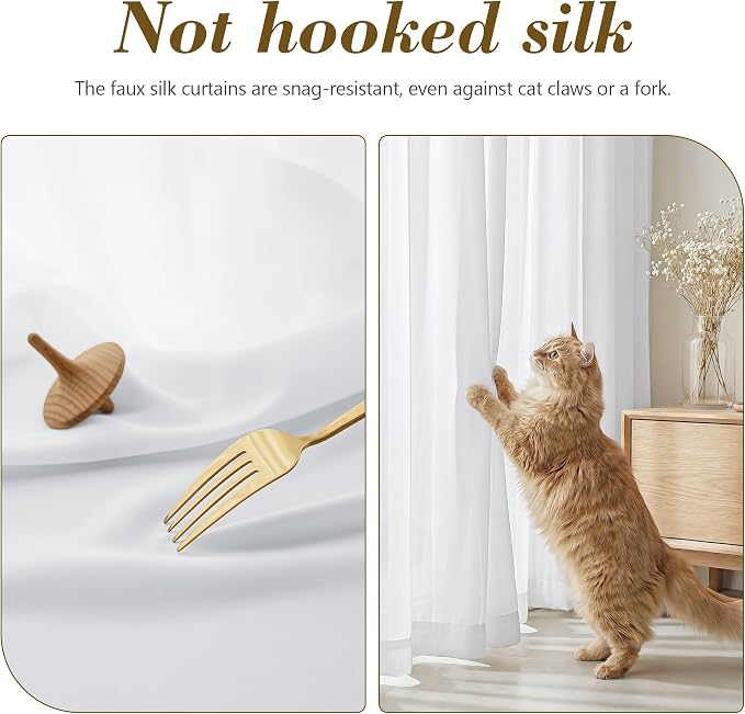 FMFUNCTEX Sheer Non-See-Through White Curtains for Bedroom, Faux Silk that Let Light Curtains 108 inches Long Light Filtering Privacy Sheer Window Drapes for Living Room, Rod Pocket 2 Panels Set