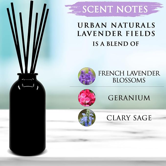Urban Naturals Reed Diffuser Set, Lavender Fields - Bathroom Shelf Décor | Real Lavender Stems French Blossoms, Geranium & Clary Sage, for Aromatherapy & Stress Relief, Vegan