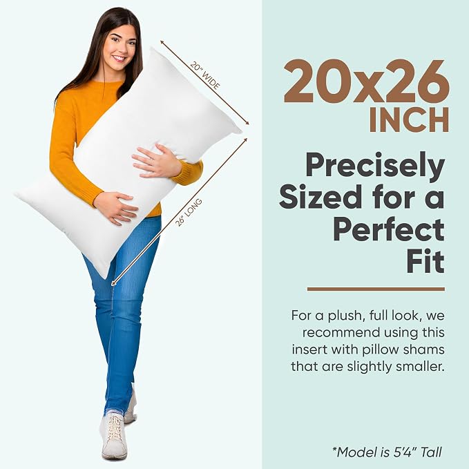 Pillowflex Synthetic Down Pillow Insert - 20x26 Down Alternative Pillow, Ultra Soft Standard Bed Sleeping Pillow, Large Rectangle Sham - 1 Decorative Pillow Form