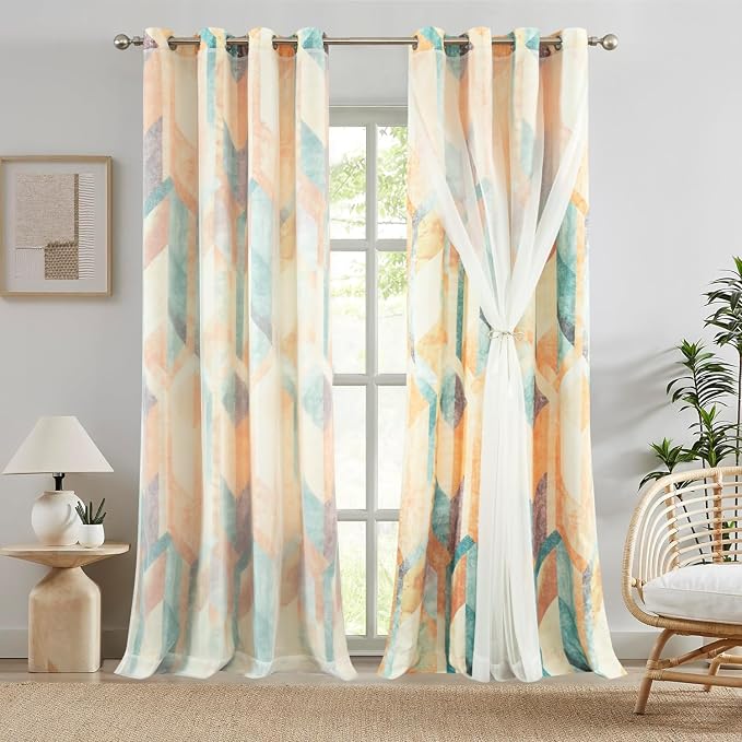 Leeva Geometric Curtains 96 Inches Length, Modern Light Filtering Double Layered Drapes for Bedroom, Linen Textured Double Layered Window Curtain Panels for Sliding Door, 2 Panels, Orange