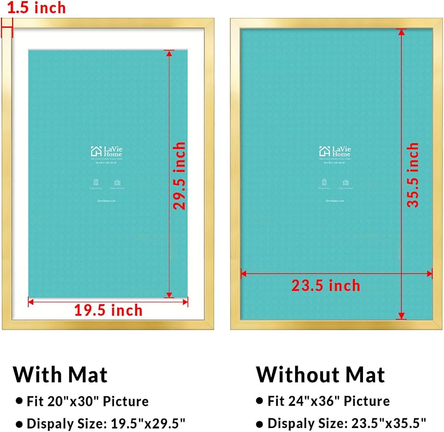 LaVie Home 24x36 Picture Frame Gold Poster Frame,Display Pictures 20x30 with Mat or 24x36 Without Mat, Stable and Sturdy Frame and Polished Plexiglass, Horizontal and Vertical Format of The Walls
