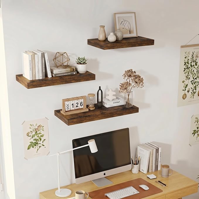 Vivelove 12" Deep Floating Shelves for Wall 16" Long, Wall Shelves for Living Room Bedroom Bathroom Kitchen Laundry Room, Farmhouse Rustic Shelves for Home Decor, 16" X 12" X 2" Set Of 2, Rustic Brown