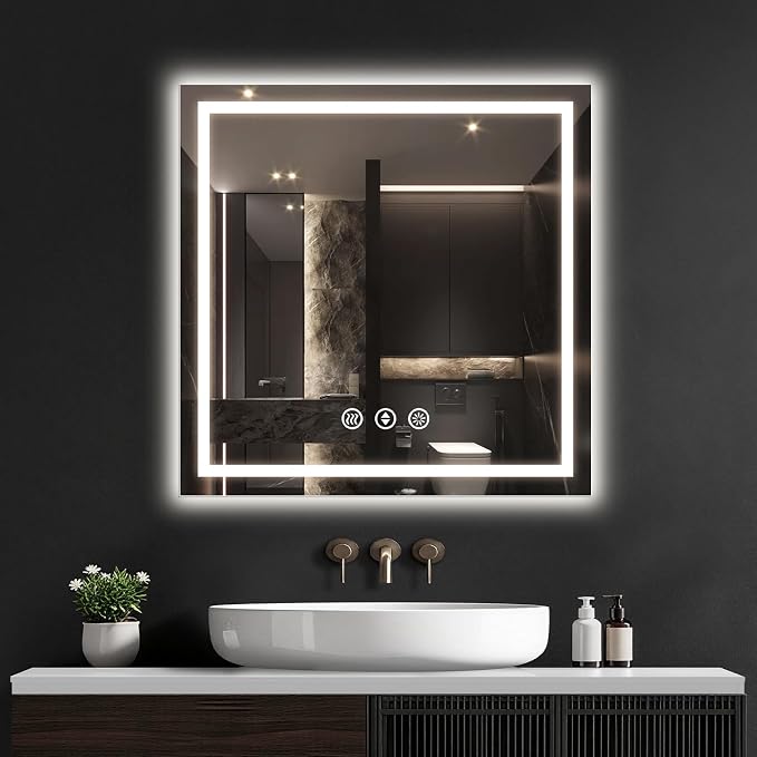 30x30 LED Bathroom Mirror with Lights, Anti-Fog, Backlit + Front Lit (CRI>90), Lighted Bathroom Vanity Mirror for Wall, Memory Function, Dimmable, Tempered Glass, Shatter-Proof