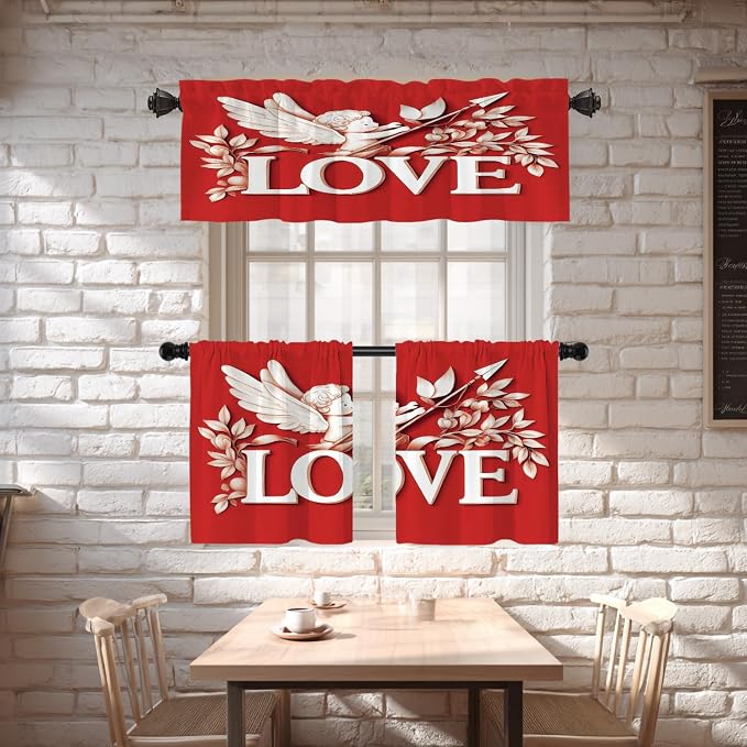 Shrahala Cupid Love Blackout Short Curtains for Windows, Romantic Love Kitchen Valance Thermal Insulated Rod Pocket Window Treatment for Bathroom 2 Pack 52 X 16 in