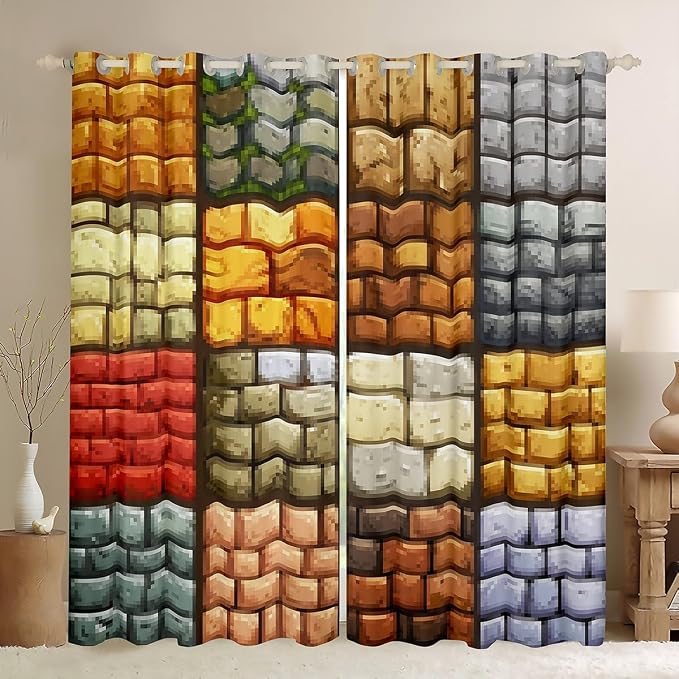 Castle Fairy Pixelated Themed Games Window Curtain,Miner Video Games Living Room Decor Curtains,Kids Boys Teens Geometric Grid Wall Window Treatment Brown Grey Blackout Drapes 2 Panels,52Wx63L