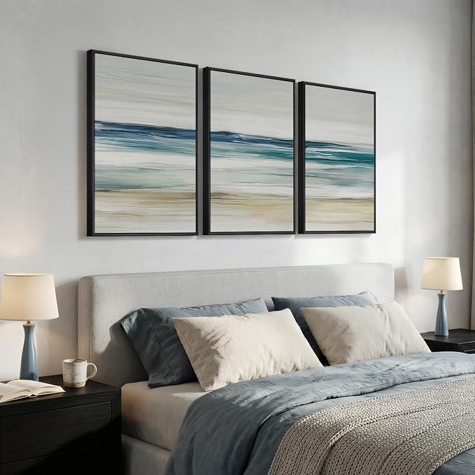 Framed Abstract Coastal Wall Art for Living Room, 3 Piece Blue Beach Landscape Canvas Artwork for Walls, Large Minimalist Ocean Seascape Painting Prints for Bedroom Hallway Wall Art Decor, 20x30 Inch