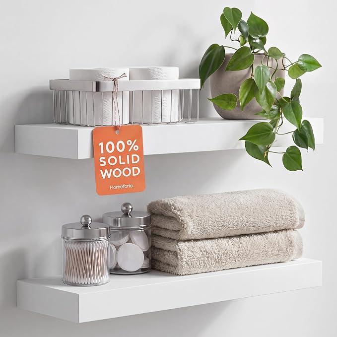 Homeforia White Floating Shelf 20 inch, High End Solid Real Wood 20inch Bathroom Floating Shelves for Wall Mounted, White Wooden 20in Floating Shelves, Heavy Duty Bracket, 20 X 6.5 X 1.75 in, Set of 4