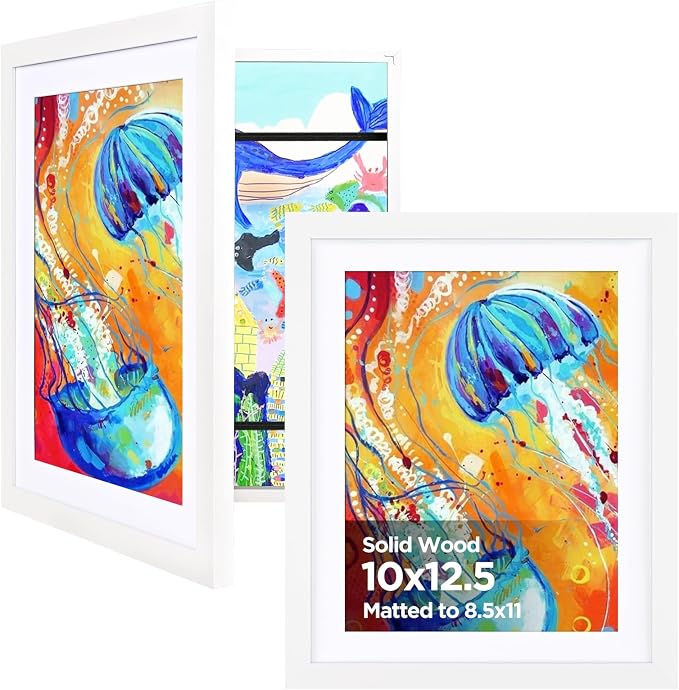 KINLINK 10x12.5 Kids Art Frame 2 Pack, Solid Wood Artwork Frames Changeable, Front Opening Hold 150 Pictures, Art Frames for Kids Artwork, 8.5x11 with Mat 10x12.5 without Mat, Picture Frames White