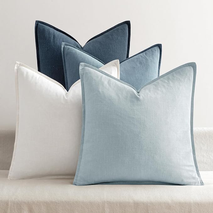 MIULEE Blue Boho Linen Decorative Pillow Covers 18x18 Inch Pack of 4 | Natural Throw Pillow Covers Soft Farmhouse Couch Pillowcases Modern Home Decors for Living Room Bed Sofa