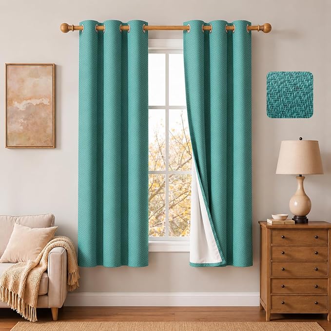 2 Panels 100% Blackout Linen-Textured Curtains, Thick Thermal Insulated Grommet Drapes with Subtle Herringbone Weave, Luxury Decor for Bedroom/Living Room, 37 x 72 Inches, Teal