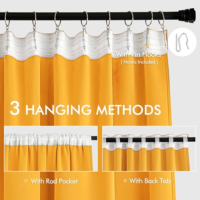 MIULEE Yellow Back Tab Blackout Curtain 96 Inch Long 2 Panels Set for Bedroom, Rod Pocket/Pinch Pleat Thermal Insulated Living Room Darkening Pleated Light Blocking Floor to Ceiling Drape