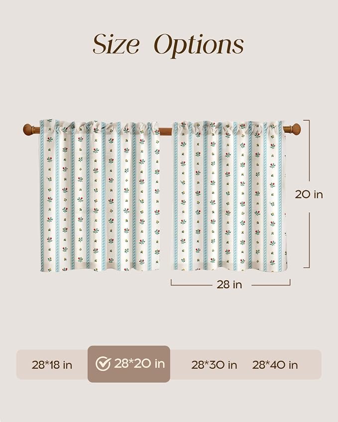 Miss Adola Farmhouse Kitchen Tier Curtains - 20 Inch Length Linen Blend Boho Cafe Curtains Blue Floral Small Window Treatments Over Sink Rod Pocket for Bathroom Living Room Light Filtering, 2 Panels