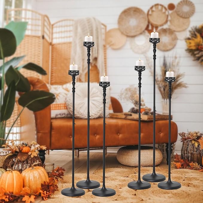 Metal Candlestick Floor Pillar Candleholder Tall Metal Candelabra Candlesticks Holder Black Floor Candle Holder Centerpieces for Wedding Thanksgiving Christmas Home Mantel Decor(9 Pcs)