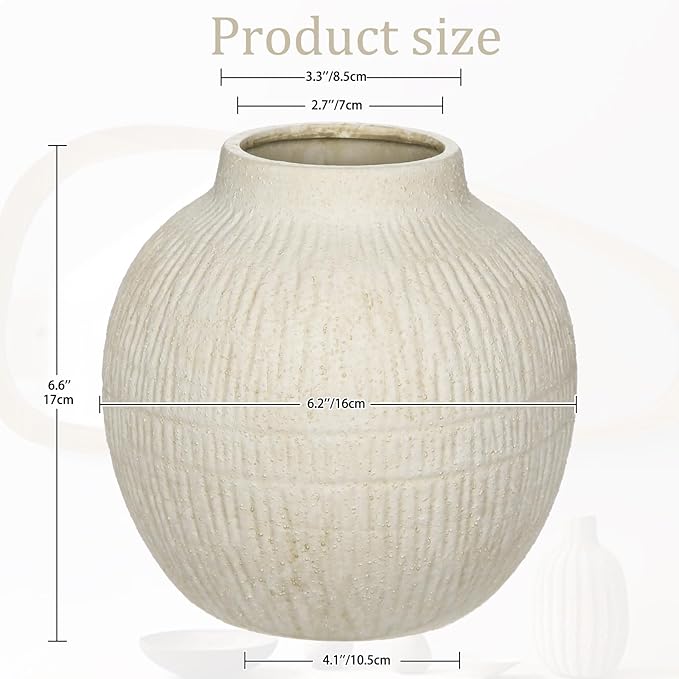 7" Short Round Clay Vase with Vertical Engravings Texture, Sand-Grain Tactile, Wide Ceramic Vase for Cafe Centerpiece Decor, Bohemian Style, Small & Beige White