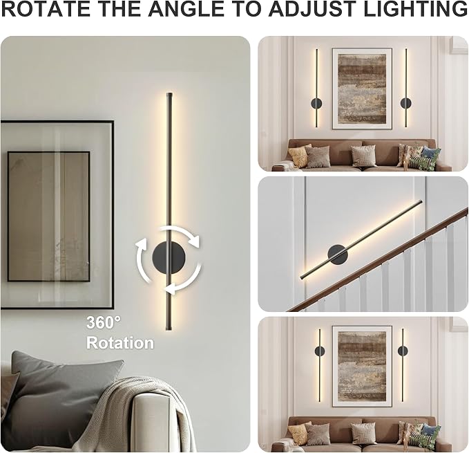 Battery Operated Modern Wall Sconces Set of Two,Rechargeable Wireless Wall Lights with Remote Control,Dimmable,3CCT,Timer,360°Rotation,Cordless Lighting for Bedroom,Living Room,Hallway,Black,27.6 Inch
