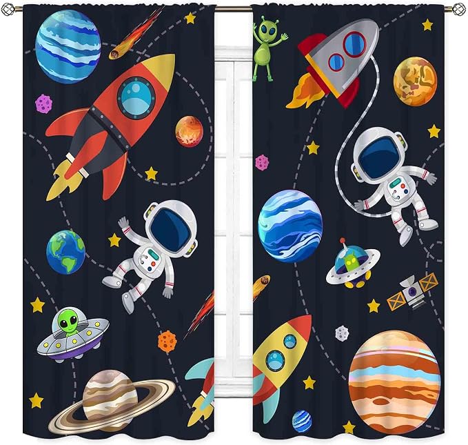 Kids Space Curtains for Boys Room, Cartoon Universe Galaxy Space Planet Astronaut Anime Boys Kids Girls Window Drapery Treatments for Bedroom Living Room Nursery 2 Panels, 84"x63" Inch