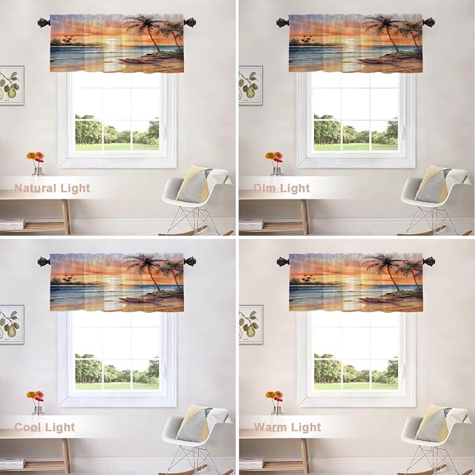 Shrahala Sunset Beach Blackout Short Curtains for Windows, Tropical Seaside Scene Kitchen Valance Thermal Insulated Rod Pocket Window Treatment for Bathroom 52 X 18 in