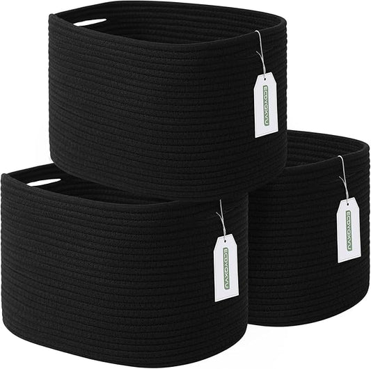 ECDYQXVU Cotton Rope Storage Basket, 15x10x9 Inches, Woven Basket for Shelves, Clothes, Towels, Books, and Laundry, Black (3 Pack)