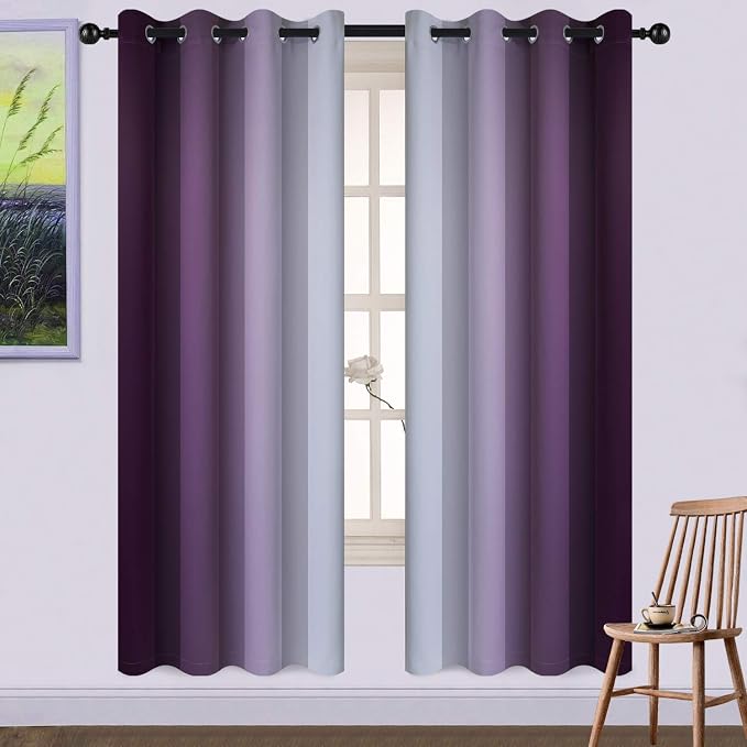 Yakamok Ombre Curtains Purple and Greyish White for Living Room,52Wx72L | Room Darkening Curtains 72,Thermal Insulated Gradient Color Drape,Light Blocking Grommet Window Curtains for Bedroom,2 Panels