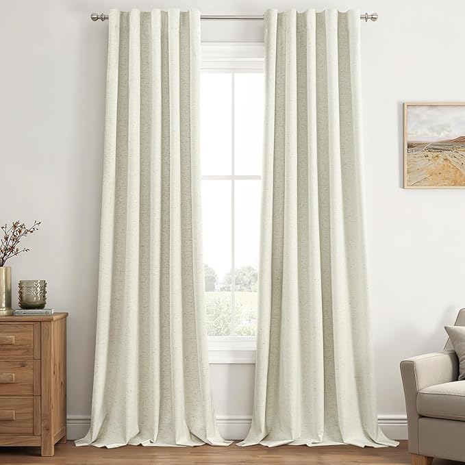 EMEMA Cream White Linen Blackout Curtains 84 inch Long 2 Panels Set for Bedroom Back Tab Thermal Insulated 100% Black Out Drapes Pinch Pleated Hooks Room Darkening Window Curtain for Living Room