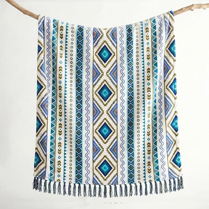 CASAAGUSTO Boho Throw Blanket for Couch - Farmhouse Throw Blanket with Tassel, Western Aztec Blanket, Printed Flannel Bohemian Blanket,Gifts for Women(50x60 Inches, Blue and White)