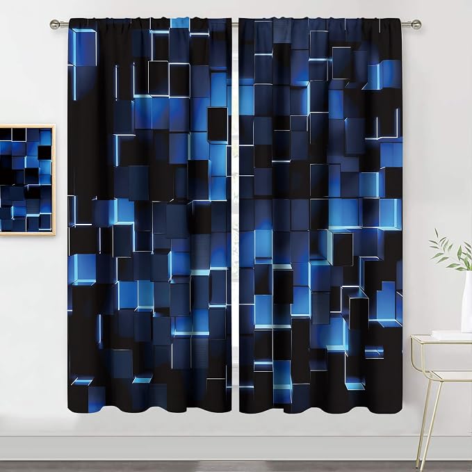 MESHELLY Abstract Blue Black Curtains 42Wx63H Inch Rod Pocket Modern 3D Gradient Design Futuristic Geometric Cubes Bedroom Window Drapes Man Boys Printed Living Room Window Treatment Fabric 2 Panels