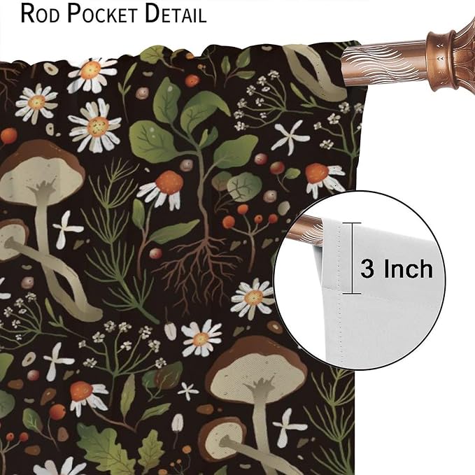 Mushroom Curtains,Green Plant Forest Botanical Print Window Treatments for Bedroom Living Room Kitchen Cartoon Herbs Floral Window Drapes 2 Panels Set,Total Size 63 x 72 Inch