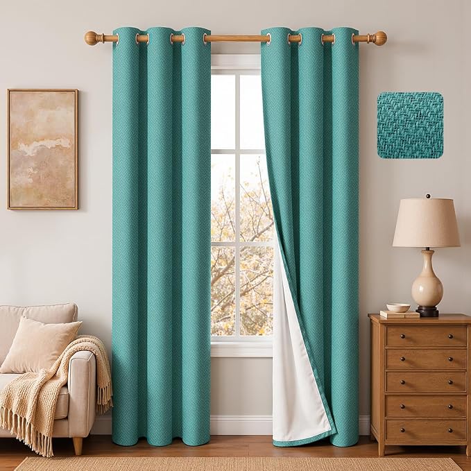 2 Panels 100% Blackout Linen-Textured Curtains, Thick Thermal Insulated Grommet Drapes with Subtle Herringbone Weave, Luxury Decor for Bedroom/Living Room, 37 x 84 Inches, Teal