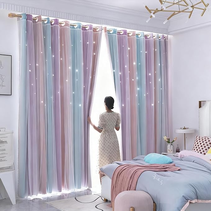 Cute Star Blackout Curtains for Girls Bedroom, Princess Curtains, W40X L84 | 2 Panels Pink Purple Thick Grommet Top Star Cutout Curtains, Double Layer Nursery Kids Curtains, Aesthetic Living Room Decor