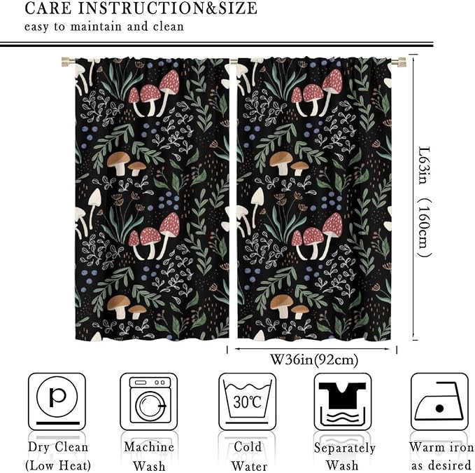 Mushroom Curtains, Cartoon Green Leaves Mushroom Wildflower Plant Botanical Boho Herb Nature Garden Print Blackout Window Drapes for Living Room Kids Bedroom 72x63in