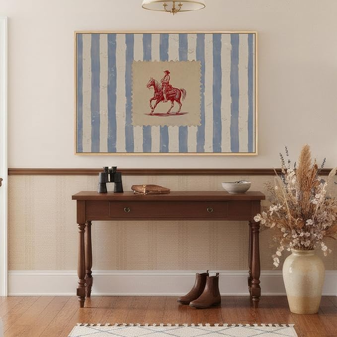 Large Framed Western Cowboy Wall Art for Living Room, Vintage Farmhouse Horse Canvas Prints Paintings, Blue Striped Country Picture Artwork Decor for Bedroom Entryway 36x24 Inch