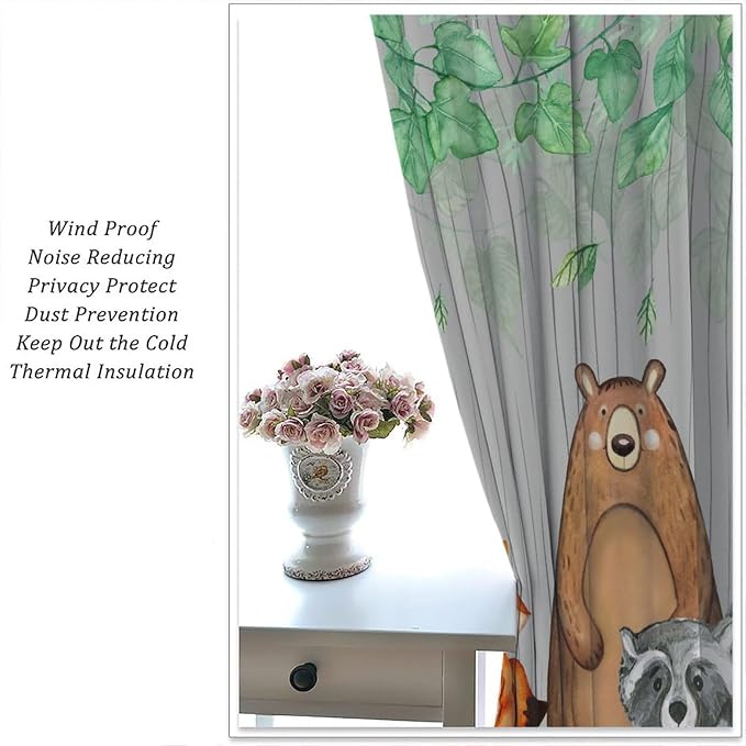 Rustic Animal Curtains, Wild Forest Animal Bear Fox Deer Kids Window Treatments for Living Room Bedroom, Farmhouse Woodland Blackout Drapes 2 Panel Sets, 63x63 Inch