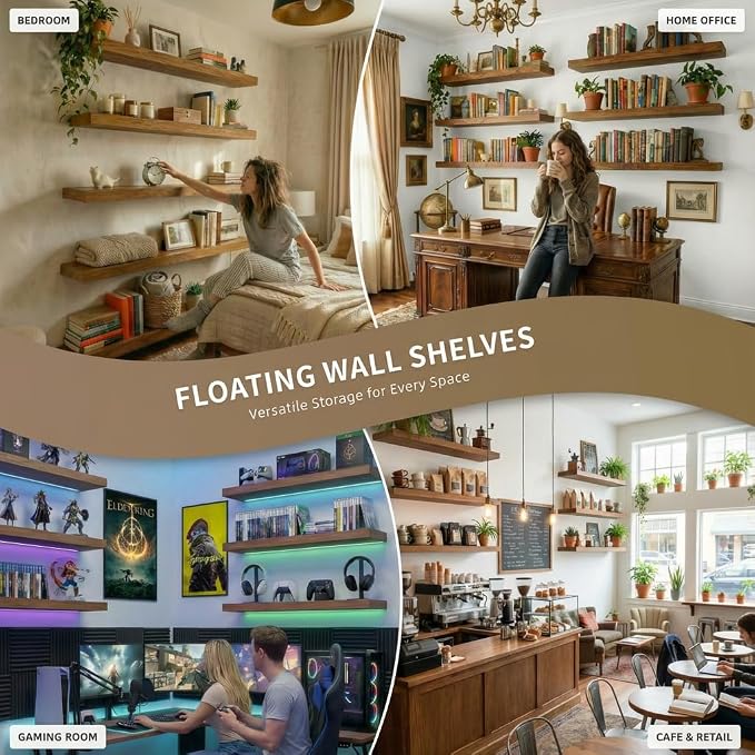 ROGMARS 36 Inches Long Walnut Floating Shelves | Rustic Solid Wood Farmhouse Wall Shelves with Invisible Brackets for Bathroom, Living Room, Bedroom, Kitchen Set of 5