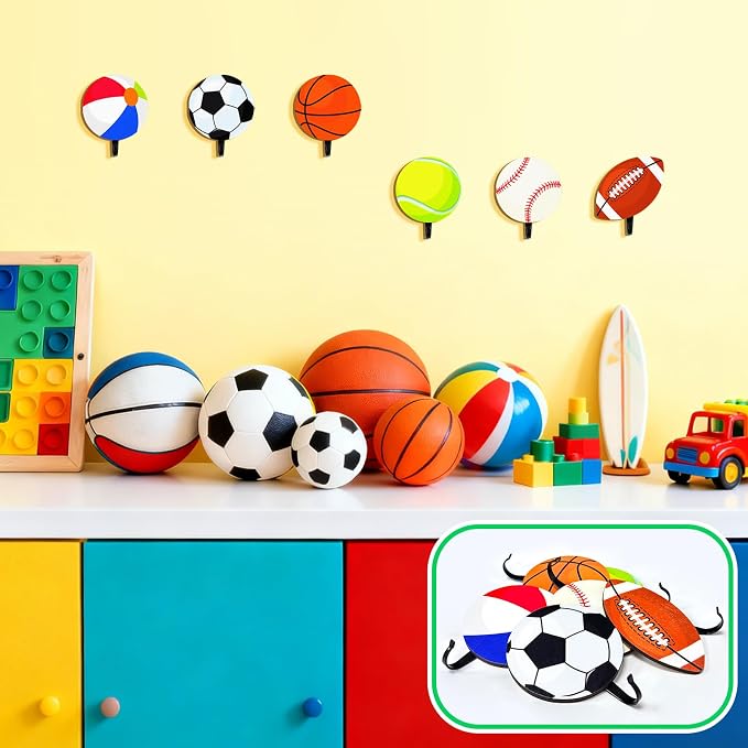 THEYGE Sports Coat Hooks for Boys Kids Bedroom Decor Basketball Baseball Football Soccer Wall Mount Decor Rack Hooks Wooden Towel Hook Key Backpack Mounted Hanger Clothes Hanging Hook Sports