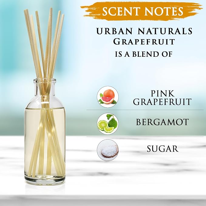 Urban Naturals Reed Diffuser Set, Grapefruit - Bathroom Shelf Décor | Bergamot Essential Oils & Tart Greens, Made in the USA