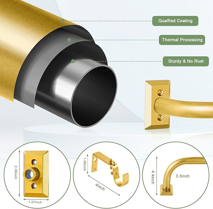 TVWOO Gold Wrap Around Curtain Rods 28 to 48 Inch:Blackout Adjustable Window Curtain Rod,Room Darkening Heavy Duty Curved French Metal Single Drapery Rods for Bedroom Kitchen Easy Install,Brass Gold