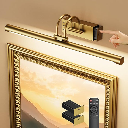 23.6″ Wireless Rechargeable Picture Light with Remote, Large Battery Operated Wall Light for Paintings & Art, Dimmable LED Gallery Lamp with Timer, Adjustable Metal Design, Electroplated Gold Finish