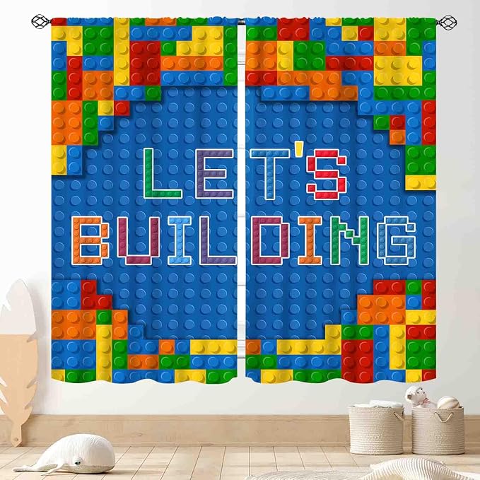Kids Boys Curtains for Bedroom, Colorful Building Blocks Plastic Brick Pattern Abstract Contour Printed Blue Blackout Drapes for Boys Room Living Room Nursery Party Decor, 84"x84" Inch