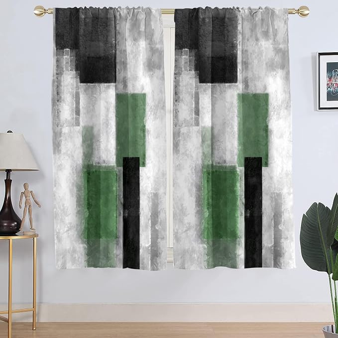 AAtter Green Window Curtain Sage Black and White Plaid Dark Olive Emerald Grey Gray Modern Abstract Wide Living Room Bedroom Drapes Treatment Fabric 1 Pair, 52" W x 63" L, Checkered