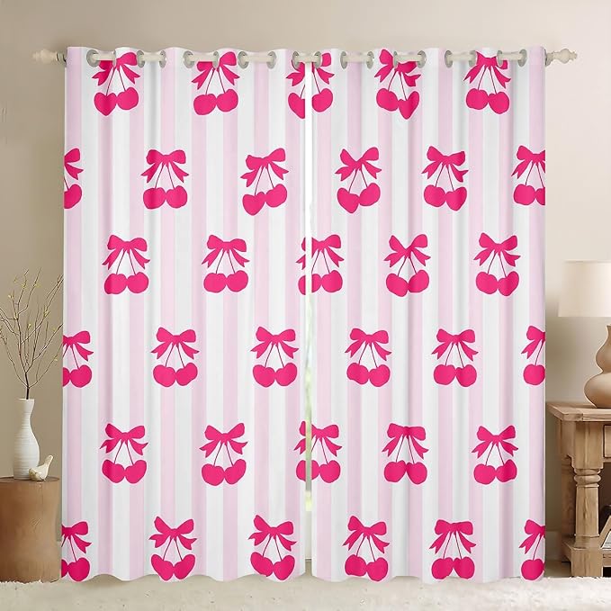 Feelyou Pink Girls Bow Curtains for Bedroom Living Room (2 Panels, 42 x 84 Inch) Kawaii Cherry Prints Darkening Dreapes Boys Teens Decor Stripes Blackout Curtains Cute Bowknot Window Treatments